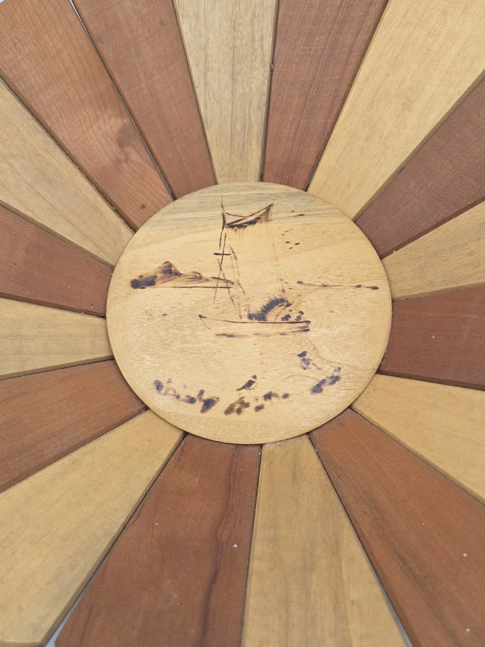 Wooden Fruit Bowl Handmade In Chile Fishing Boat Scene